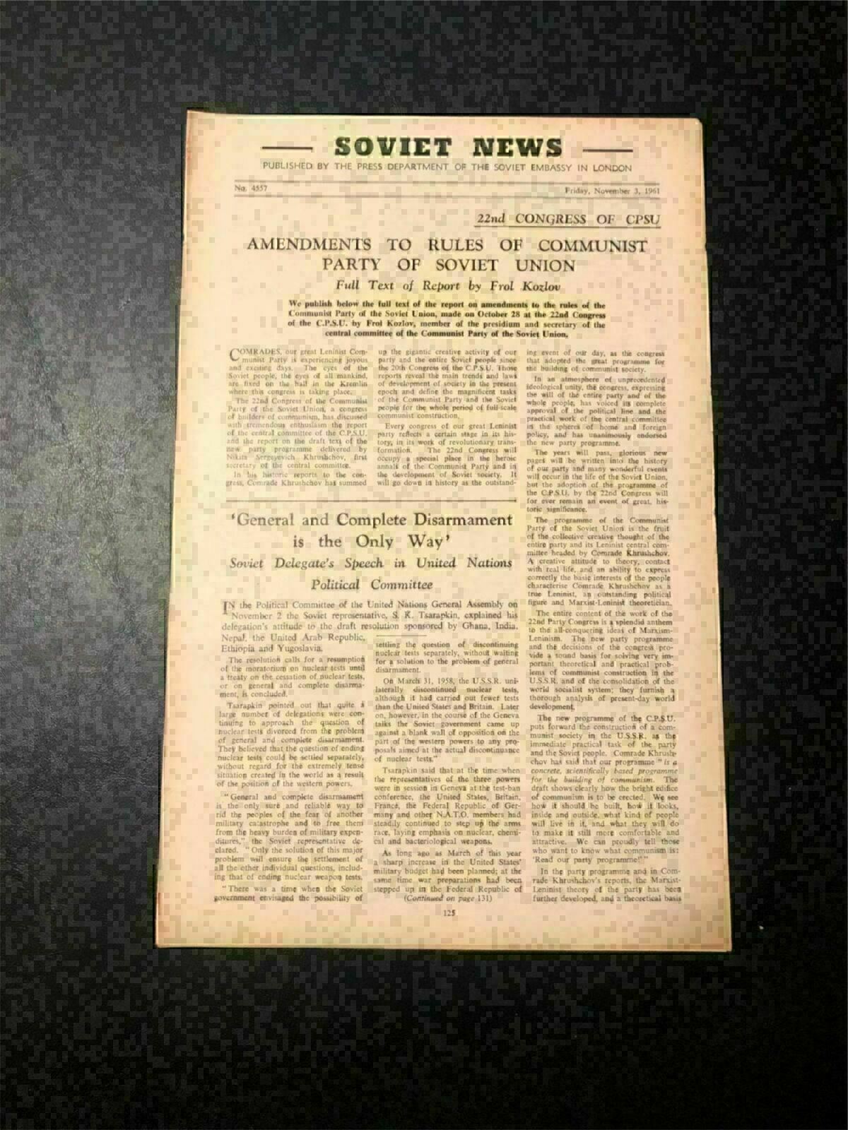KL) USSR Soviet Weekly Newspaper AMENDMENTS TO RULES OF COMMUNIST Nov 3 1961