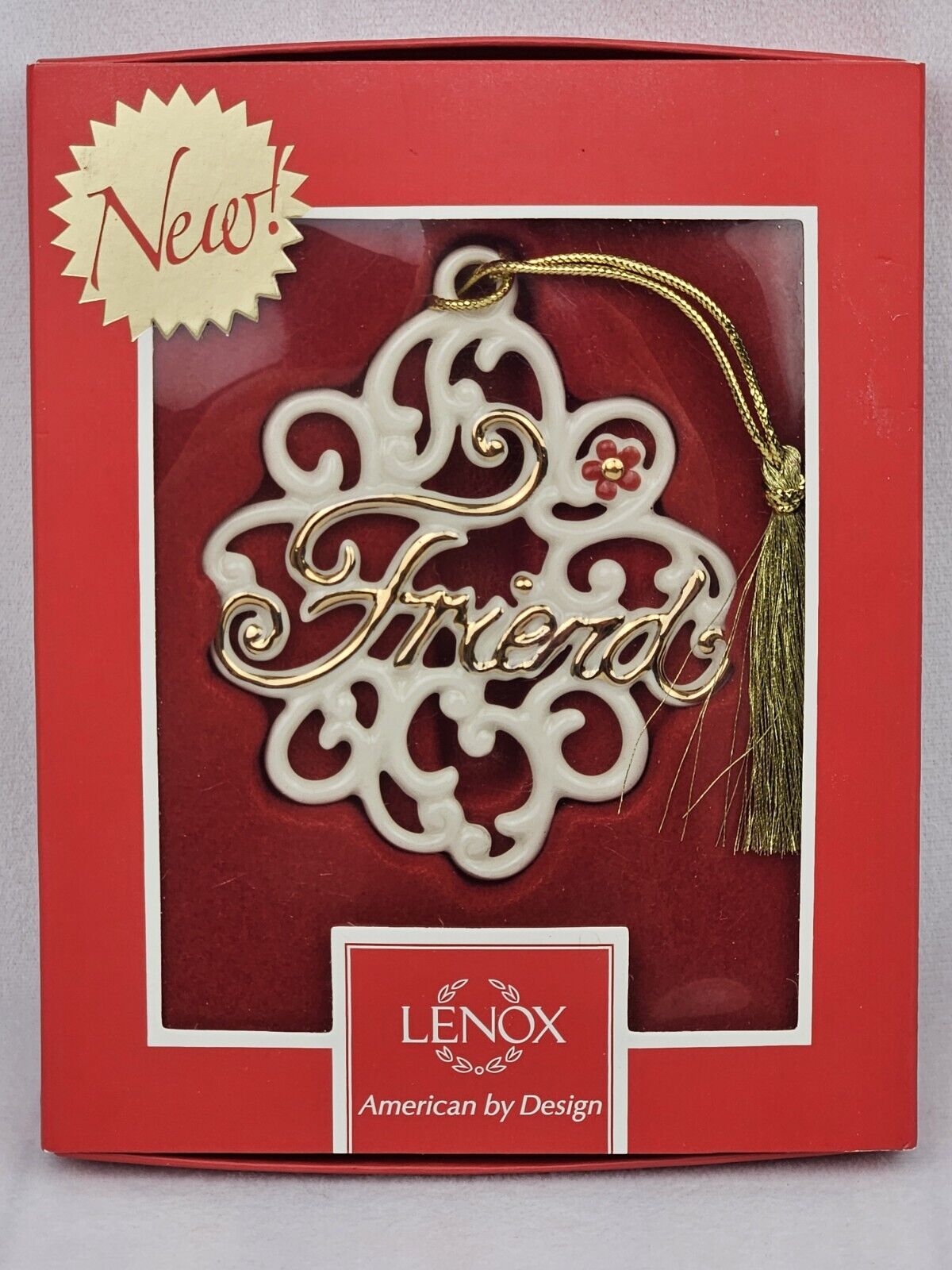 Vintage Lenox Friend Pierced Flower Charm Christmas Ornament in Box Gold Trim