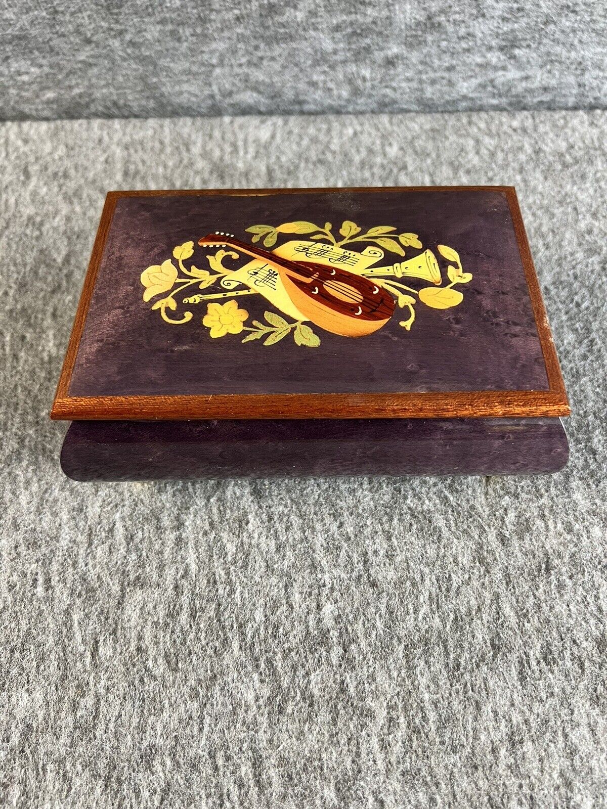NEW Vintage Italian Wood Inlay Music Jewelry Box Footed with Musical Instruments