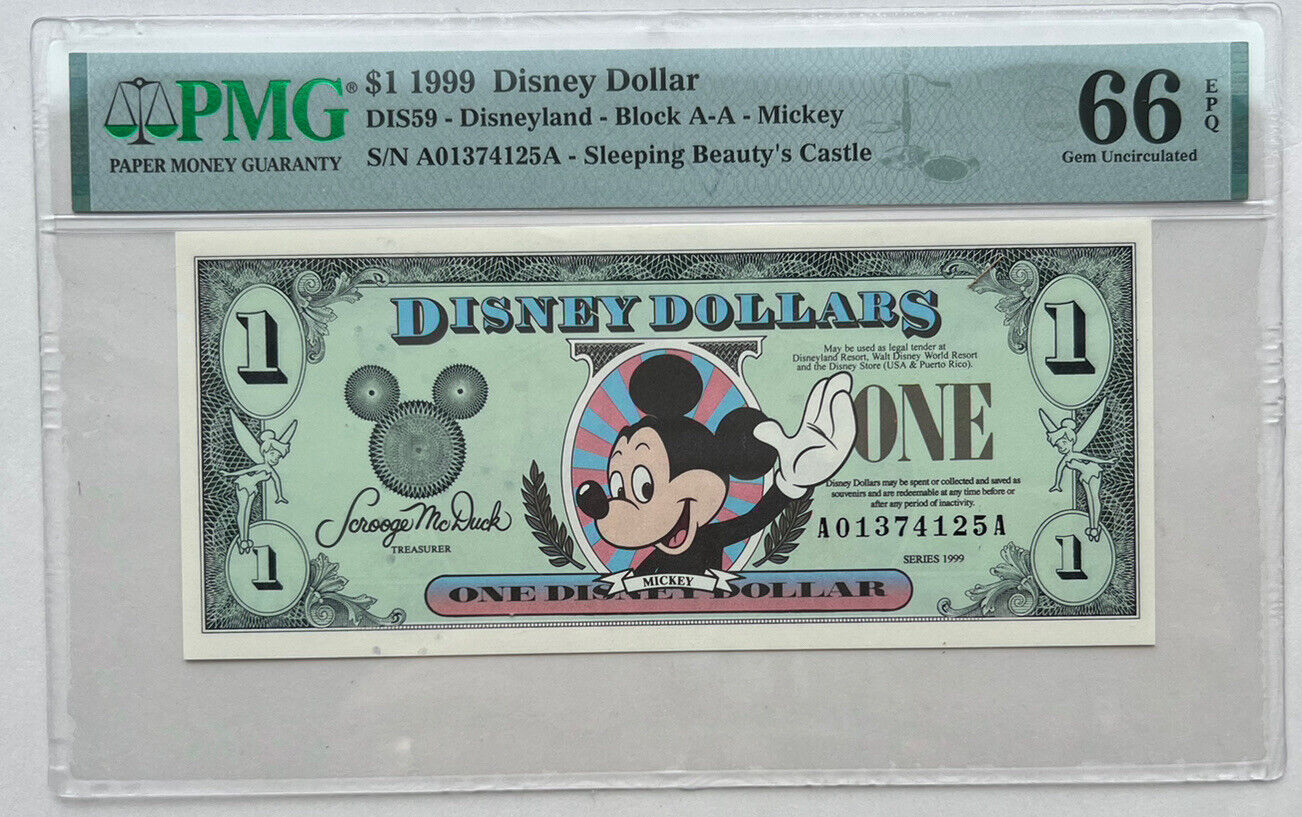 1999 $1 DISNEY DOLLAR MICKEY MOUSE Disneyland Series A01374125A PMG 66 Gem 5E