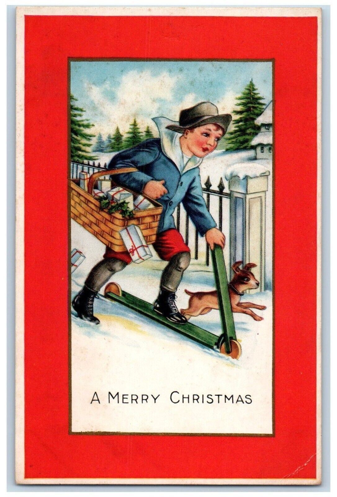 c1910\'s Christmas Boy Sled Basket Of Gifts Dog Embossed Posted Antique Postcard