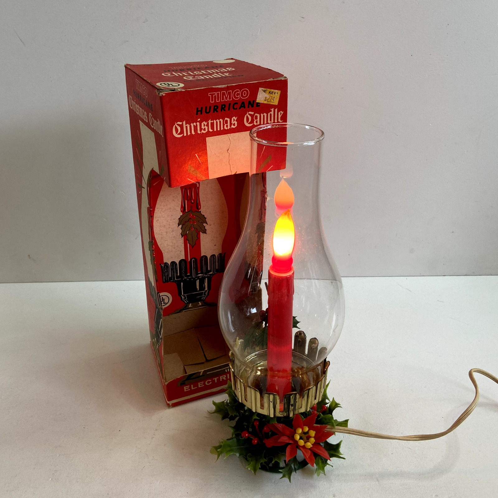 Vtg Timco 12” Hurricane Christmas Lighted Dripping Candle Holiday Decor In Box