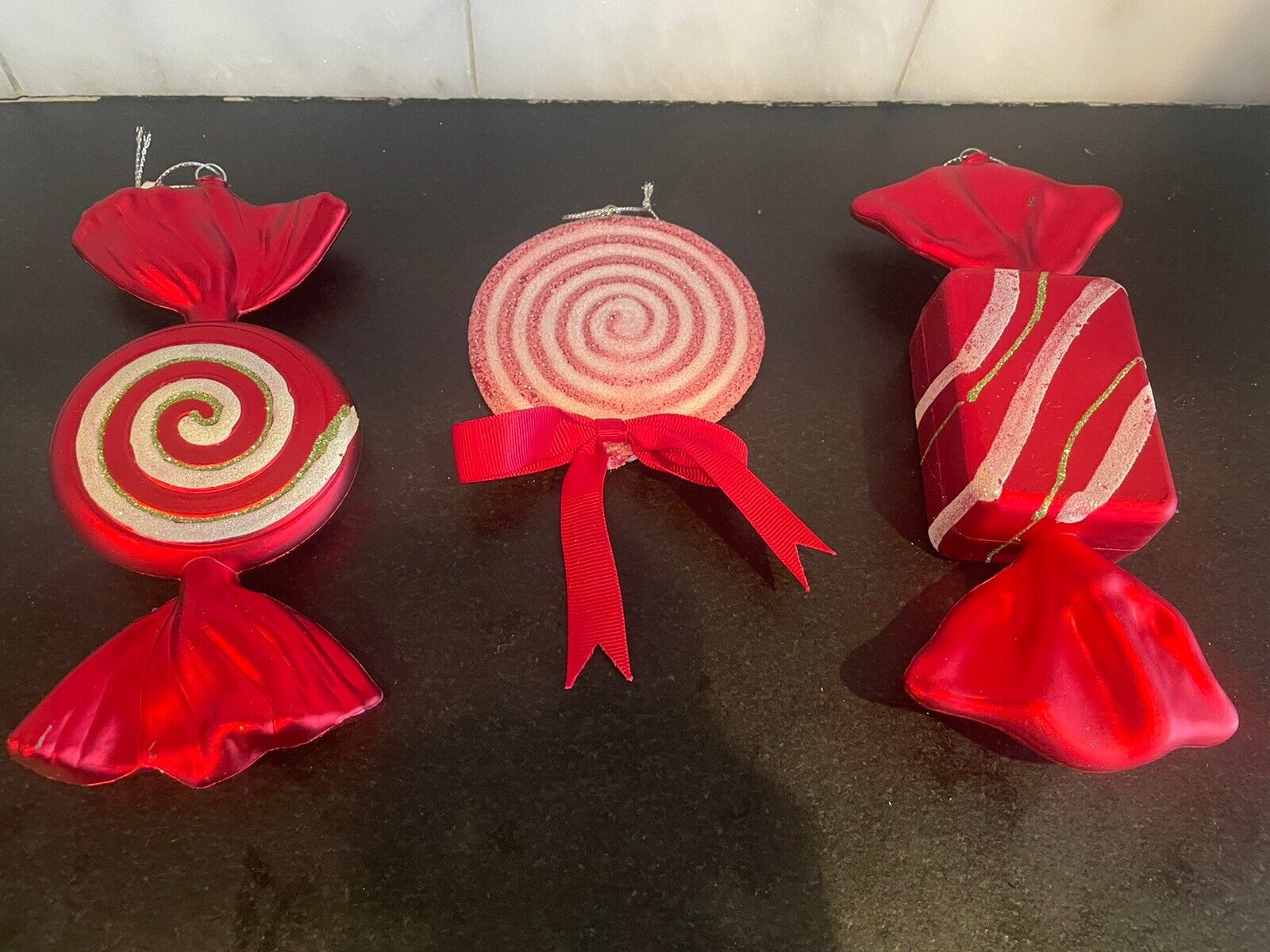 3 Large Oversized Christmas Ornaments Candy Sugarcoated Peppermint Swirl 4-6”