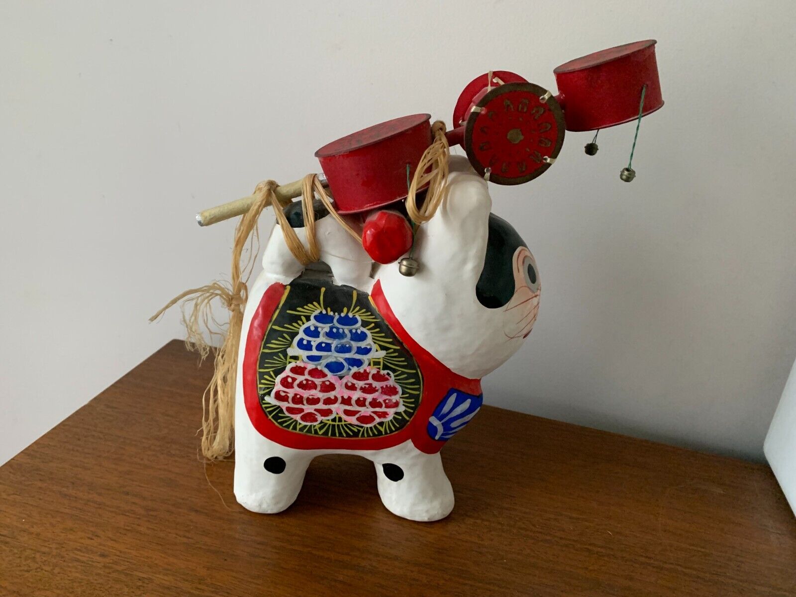 Vintage Japanese *LARGE* Paper Mache Dog Denden Taiko Inu Hariko Folk Art H:11\