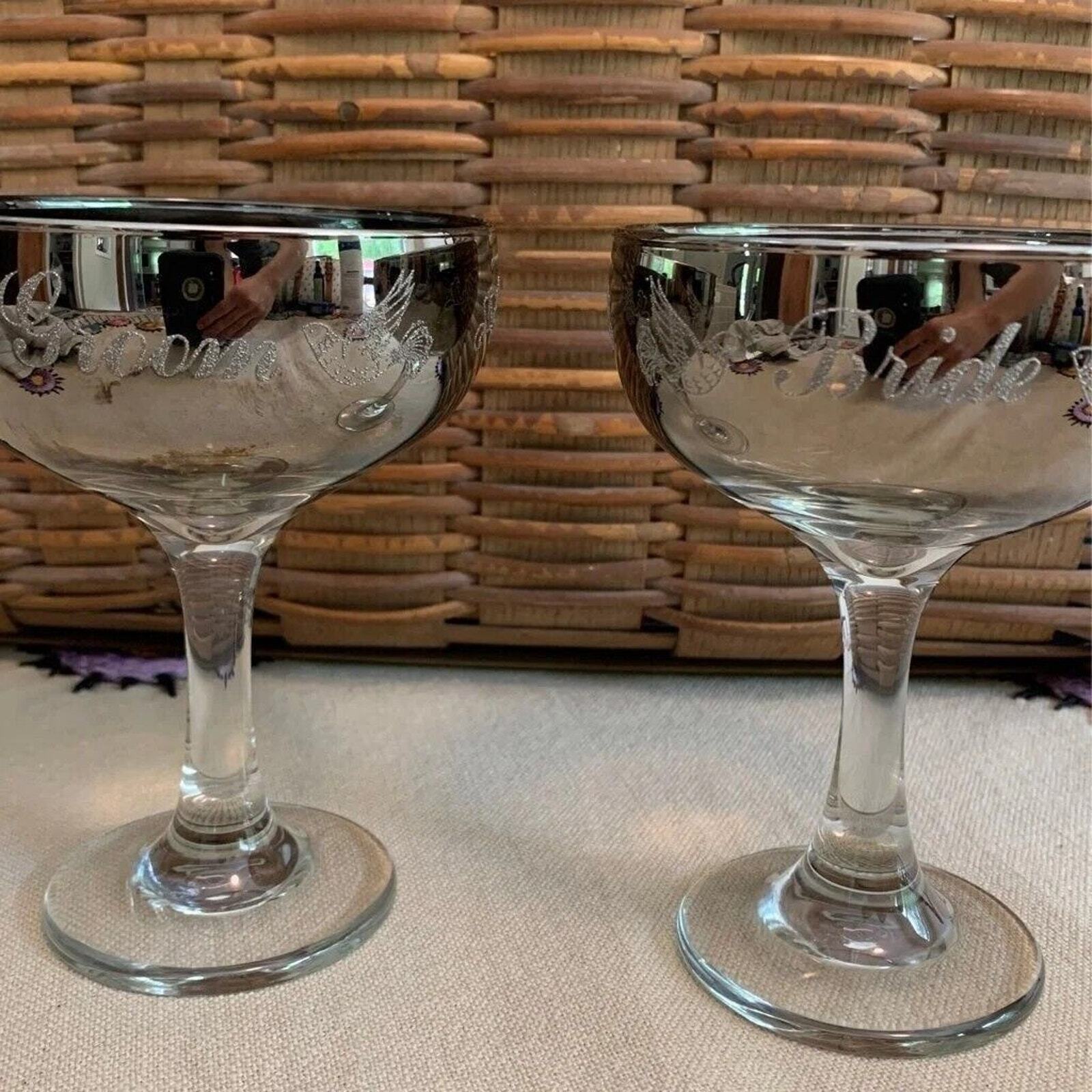 Vintage Bride and Groom Champagne Coupe` Saucer Glasses by Libbey