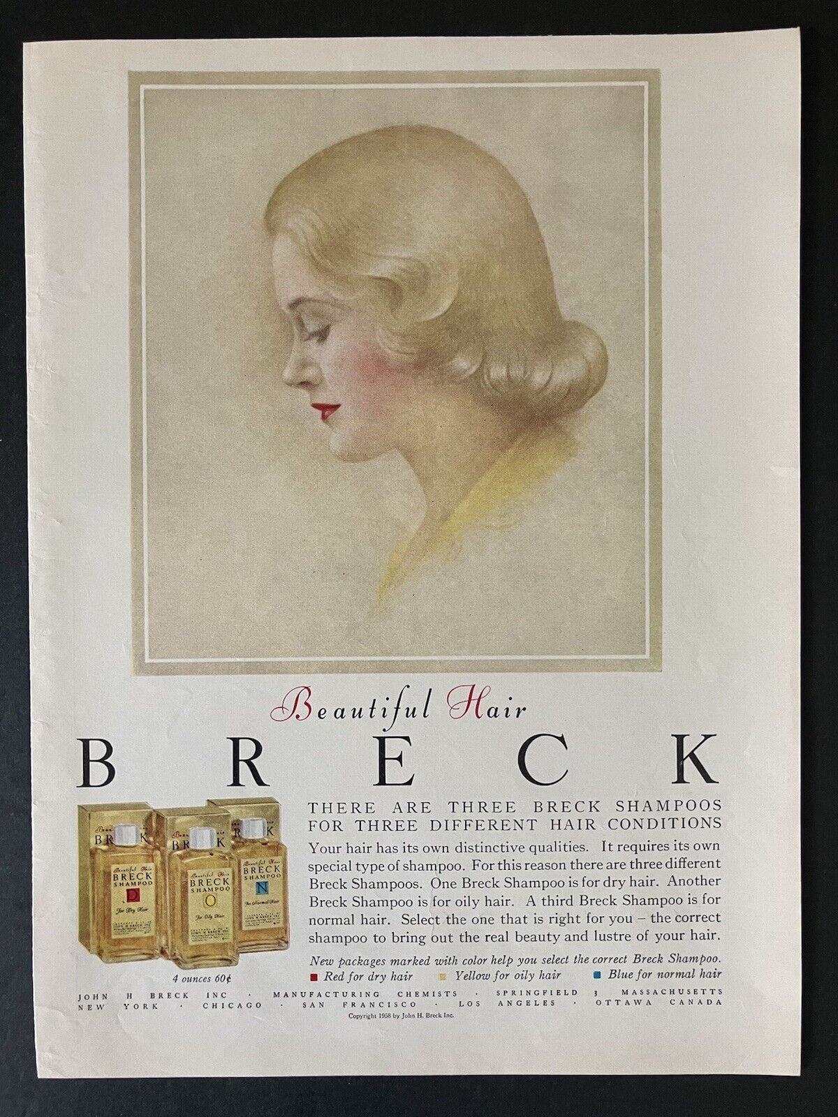 1959 Breck Shampoos for Beautiful Hair Women Profile Color Vintage Print Ad
