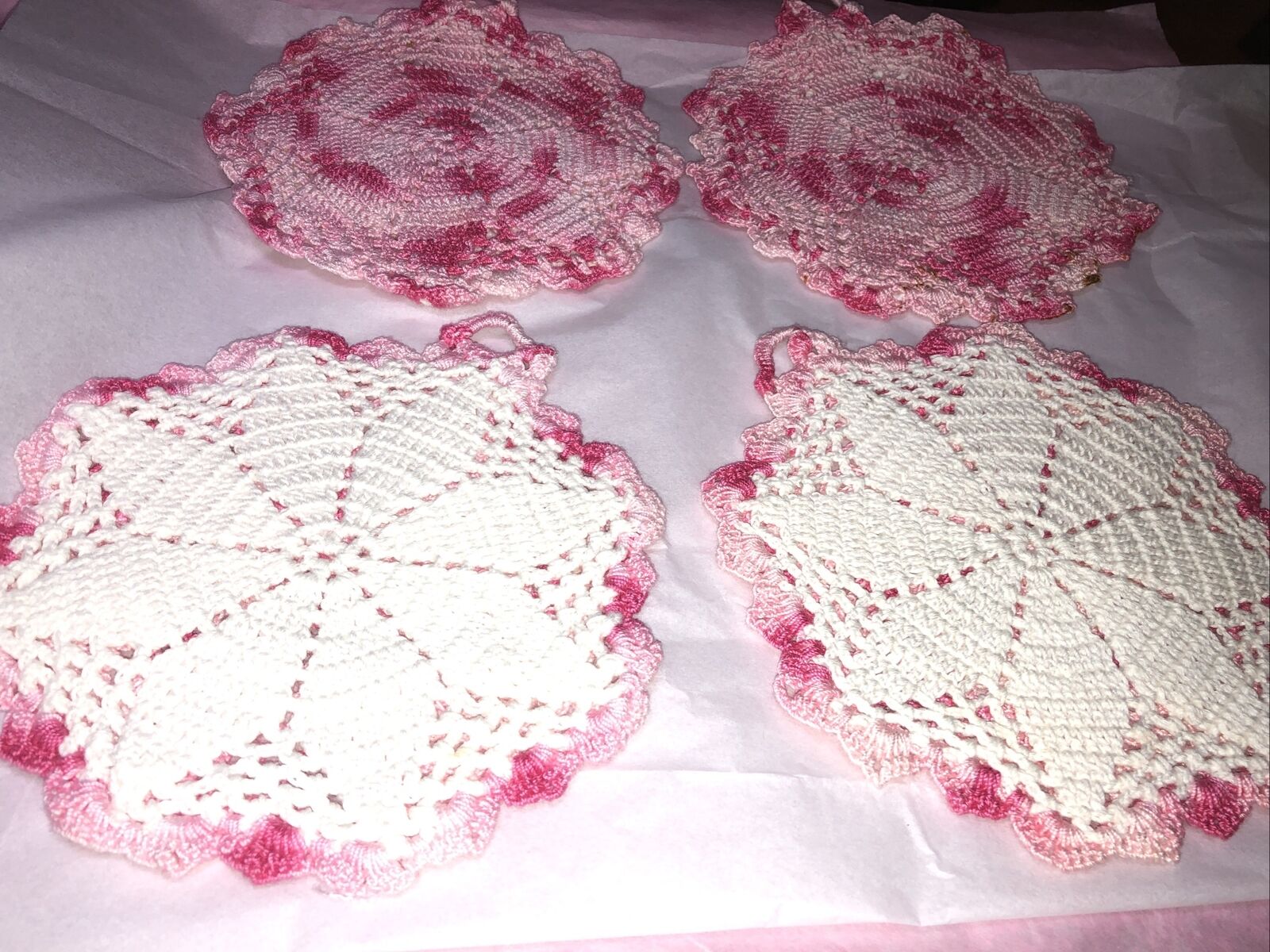 Lot Of 4 Crochet Reversible Potholders Pink & White