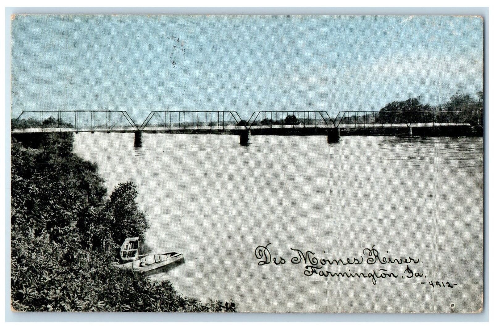 1909 Des Moines River Boats Grove Truss Bridge Farmington Iowa Posted Postcard
