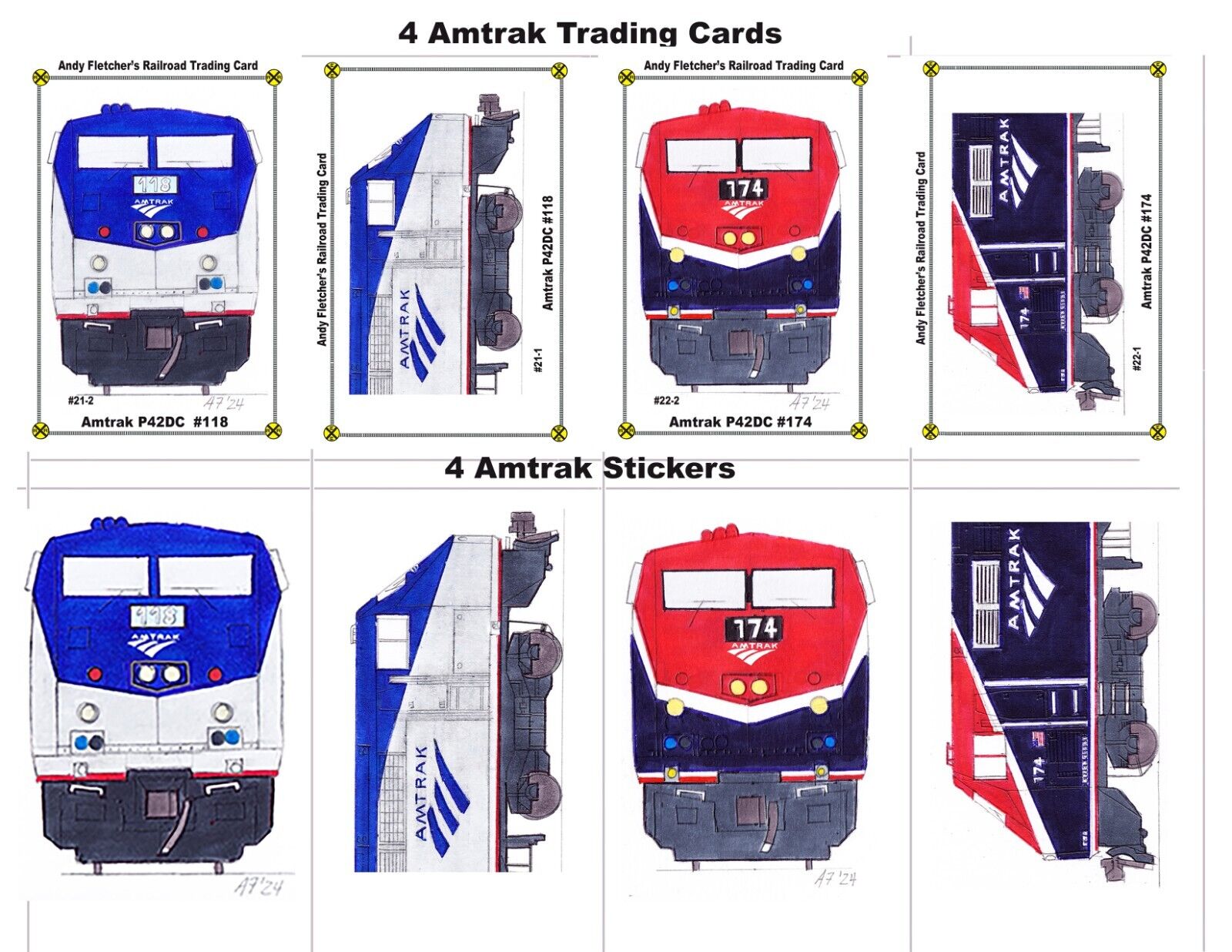Amtrak 4 Railroad Trading Cards & 4 Stickers Set 2 P42DCs 118 174 Andy Fletcher