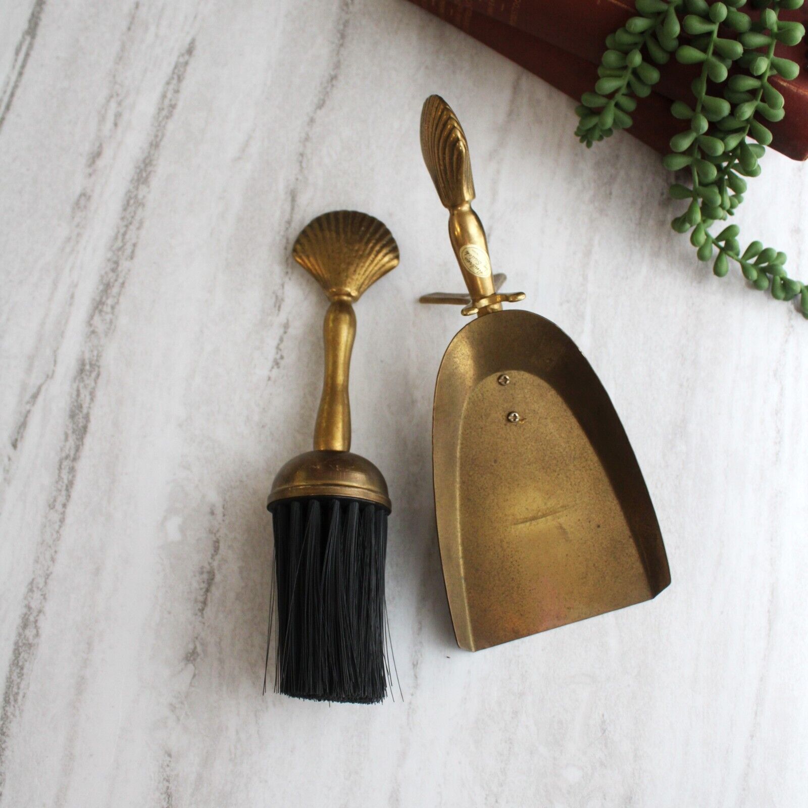 Vintage Brass Shell Fireplace Brush and Dust Pan, Crumb Catcher, Butlers Broom.
