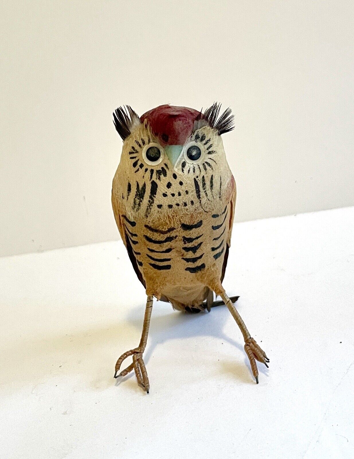 Vintage Hand Painted Owl Figurine Wire W/ Felted Batting & Feathers Brown