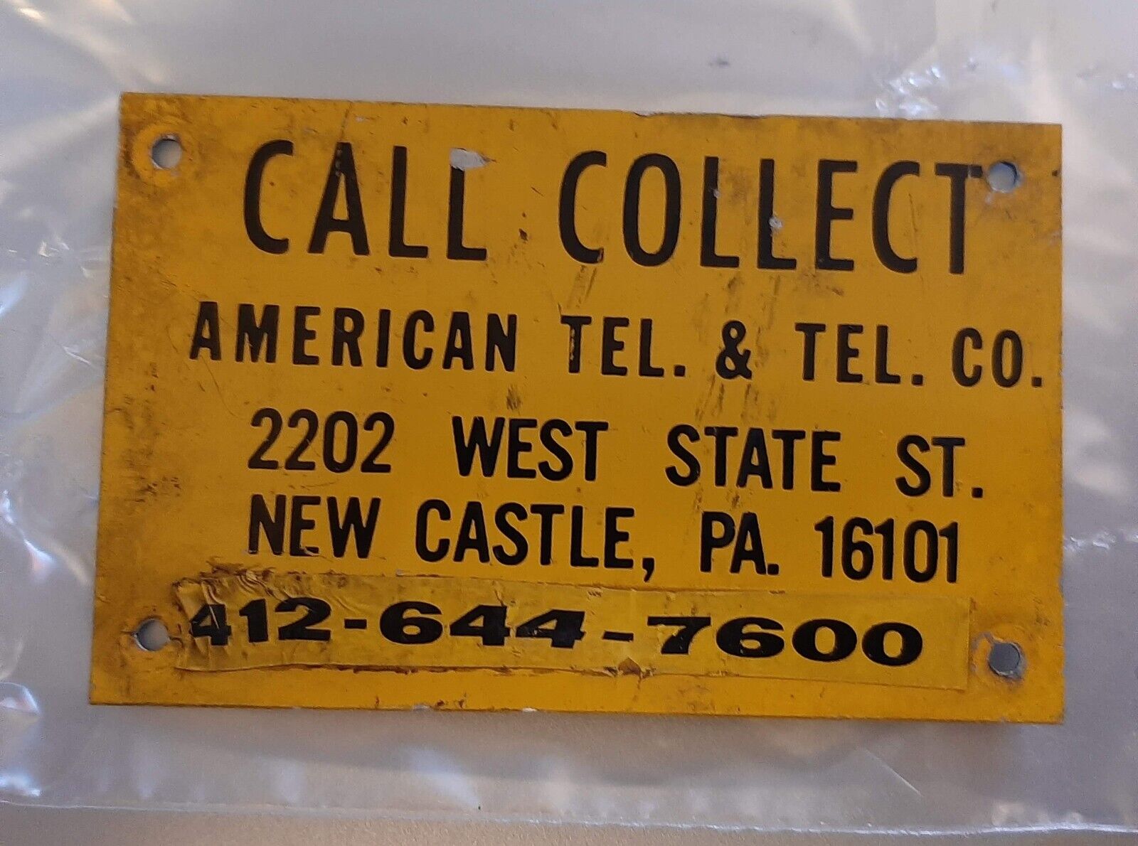 Vintage AT&T Call Collect Small Tin Sign New Castle Pa Pay Phone Sign