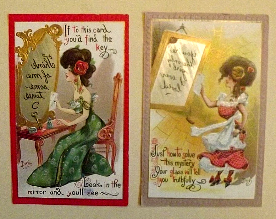 2 DWIG Signed EMBOSSED Lady w. Mirror Message Postcards