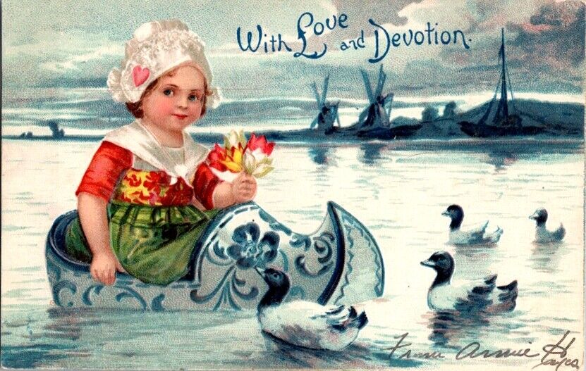Postcard With Love & Devotion Young Dutch Girl Floating Wooden Shoe 1907   J-150