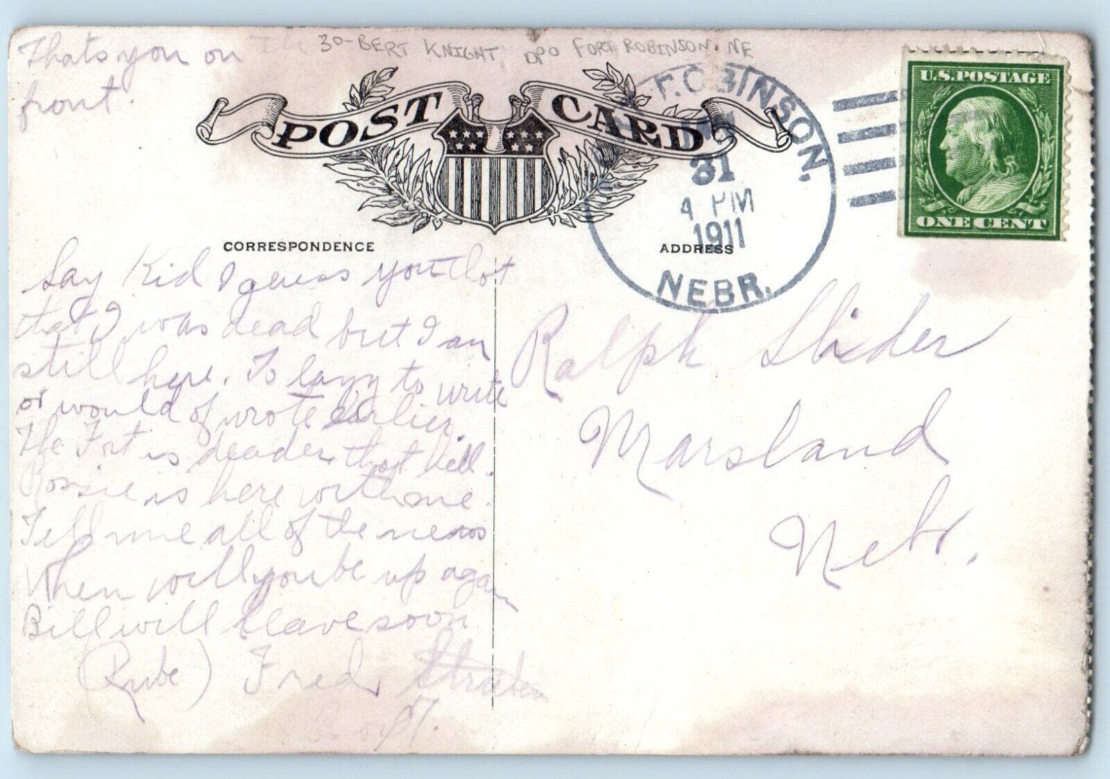 DPO Fort Robinson NE Postcard Man And Dog I Am Lonesome Bert Knight Signed 1911