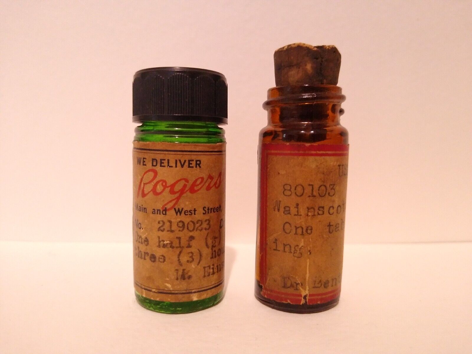 Set of 2 Vintage Prescription Drug Bottles with Intact Labels & Info