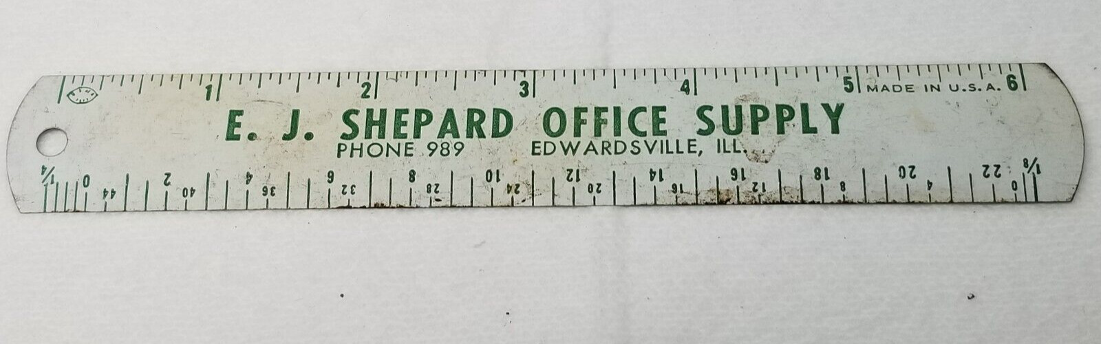EJ Shepard Office Supply Ruler 1940s Metal Edwardsville Illinois Green White Vtg