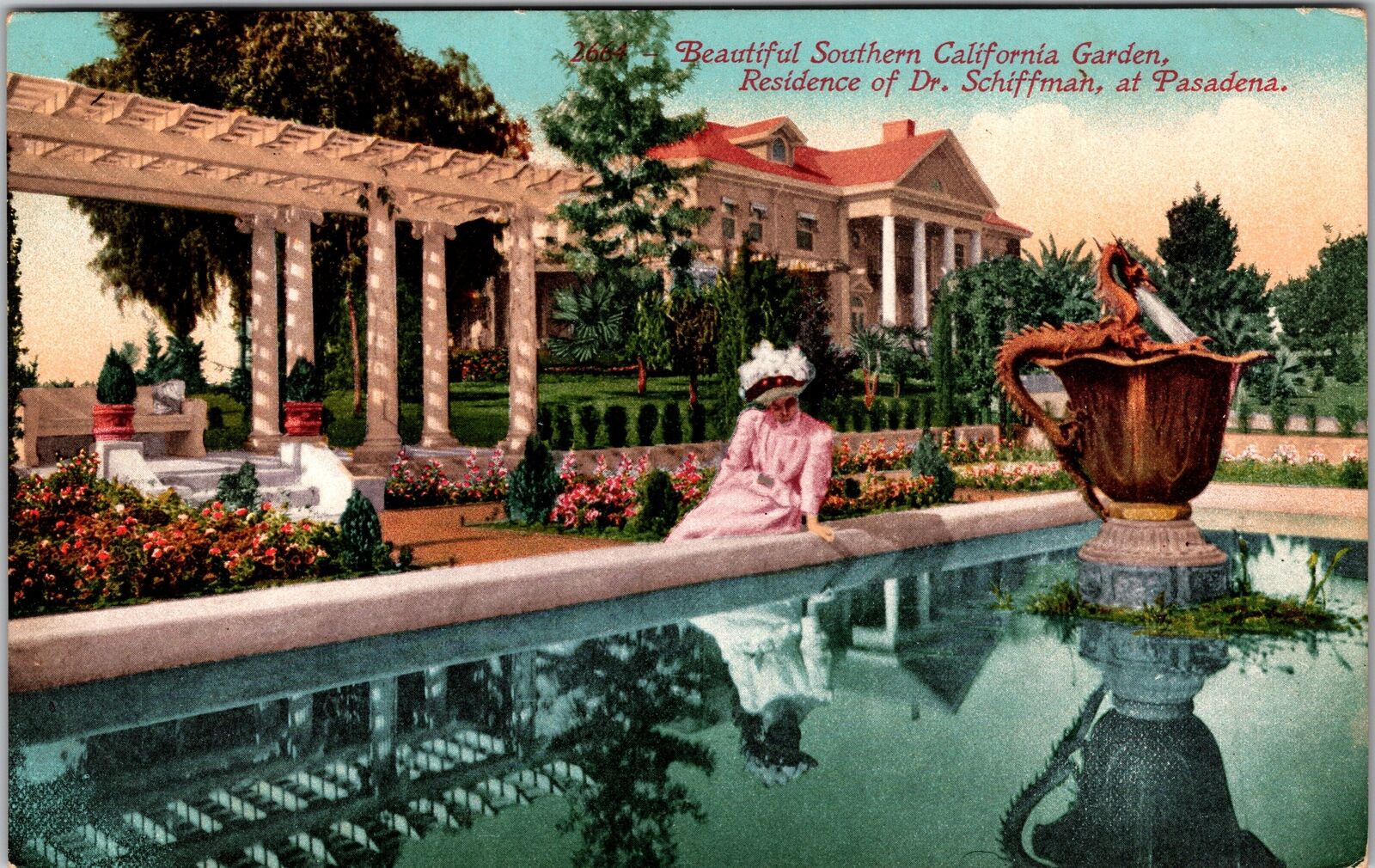 Pasadena CA-California, Scenic Garden, Woman at Pond, Vintage Postcard