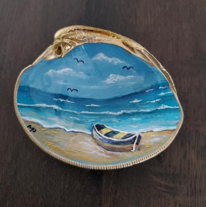 Hand Painted Seashell Boat Beach Ocean Birds Gold Leaf Trim Shell by Melmae