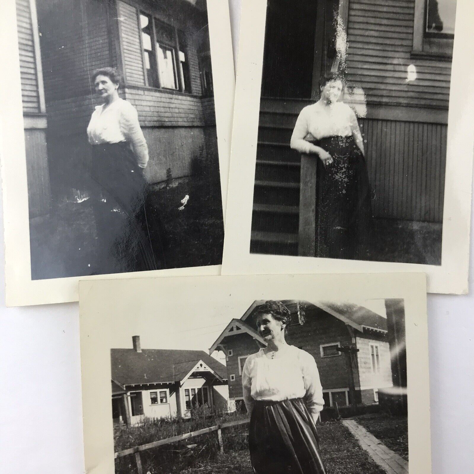 Vintage Black and White Photo Lot of 3 Middle Age Woman Posing Front Yard House 