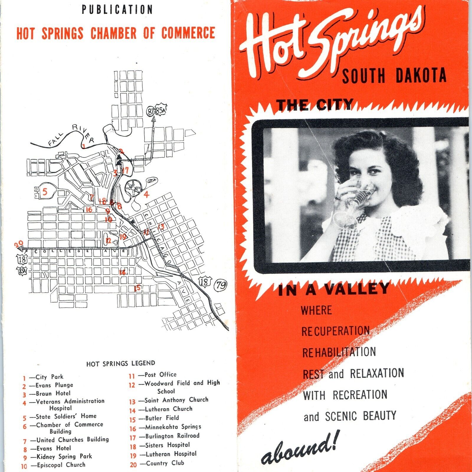 c1940s Hot Springs, South Dakota Brochure Map Healing Mineral Waters Rehab SD 5P