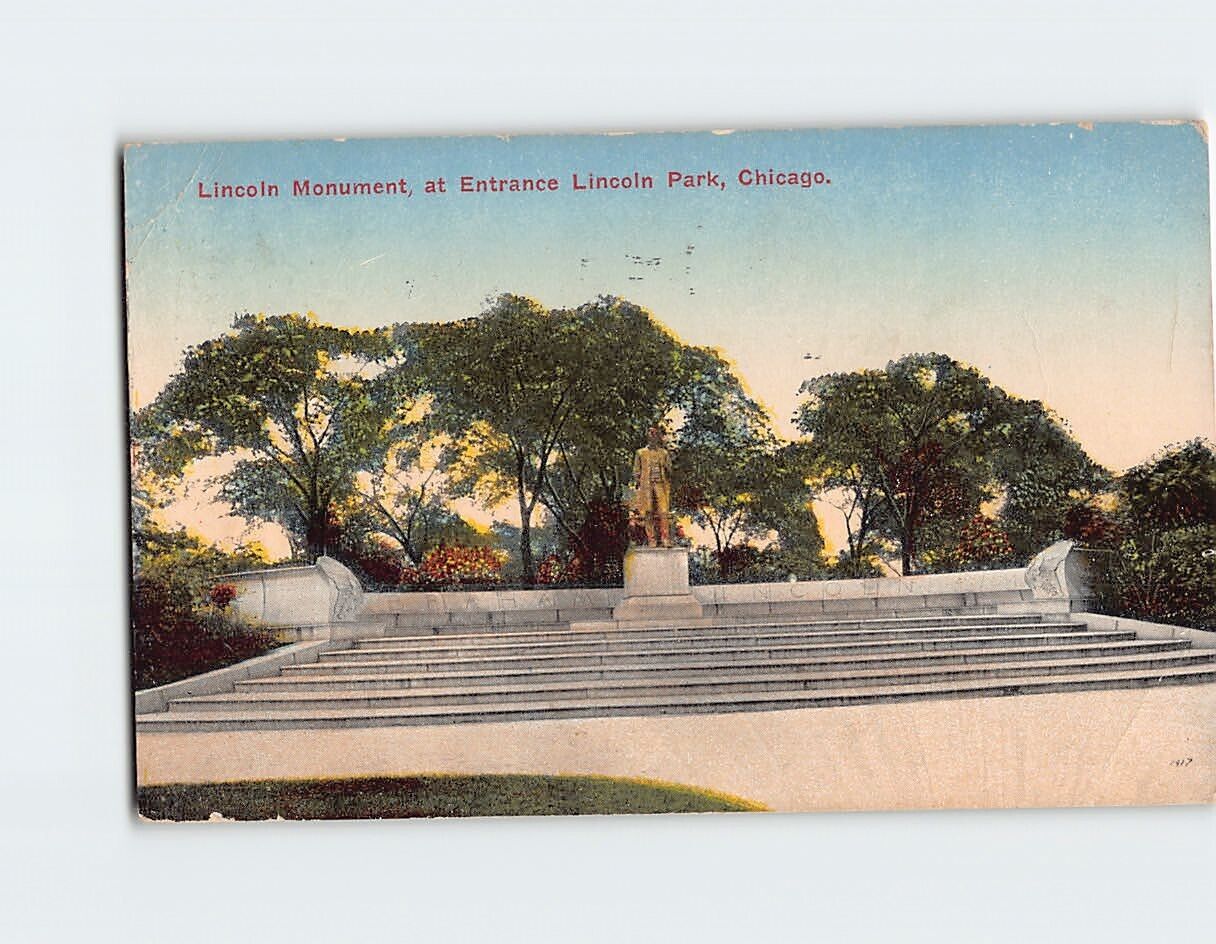 Postcard Lincoln Monument at Entrance Lincoln Park Chicago Illinois USA