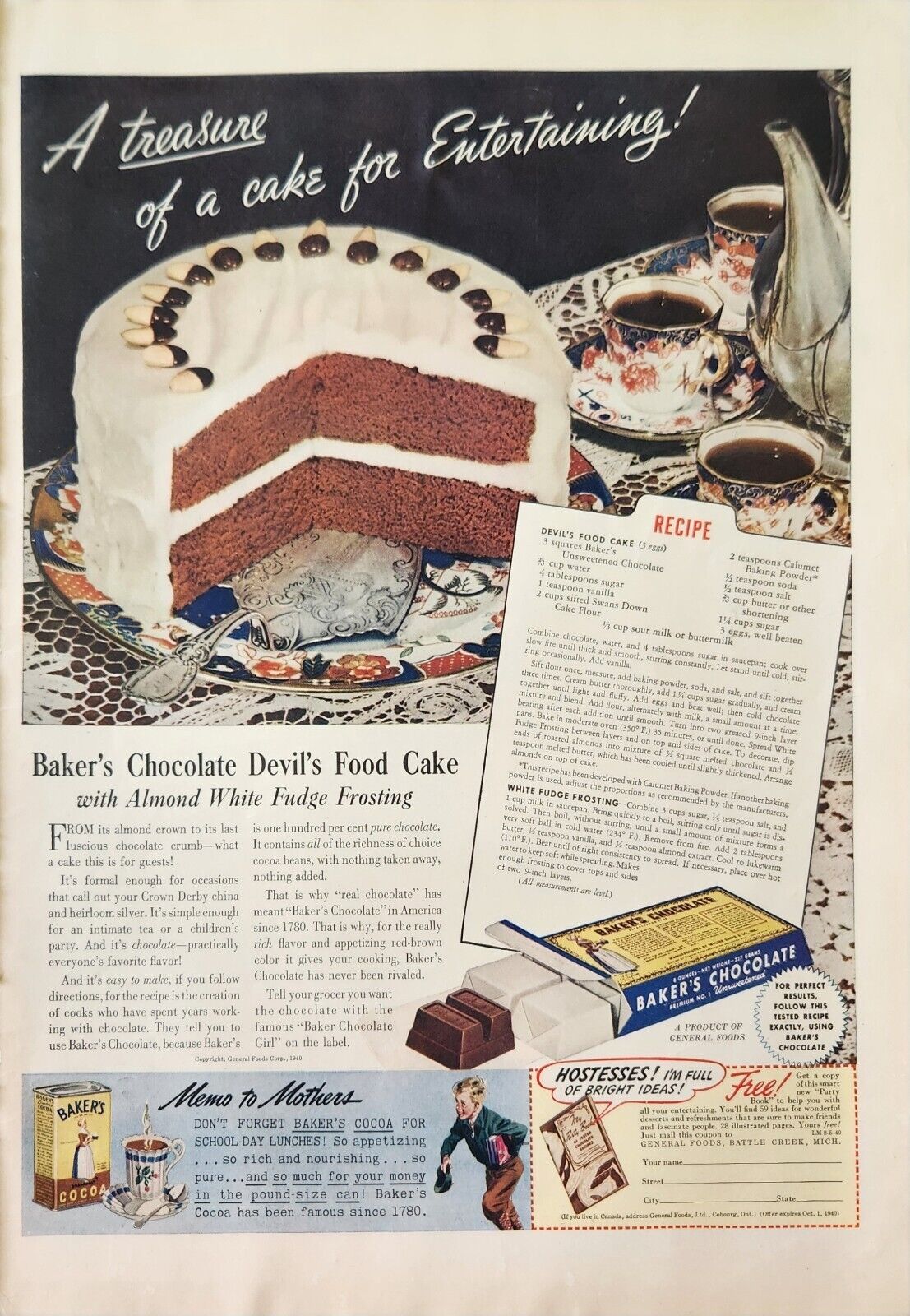 1940 Bakers Chocolate Vintage Ad Recipe Devils food Cake