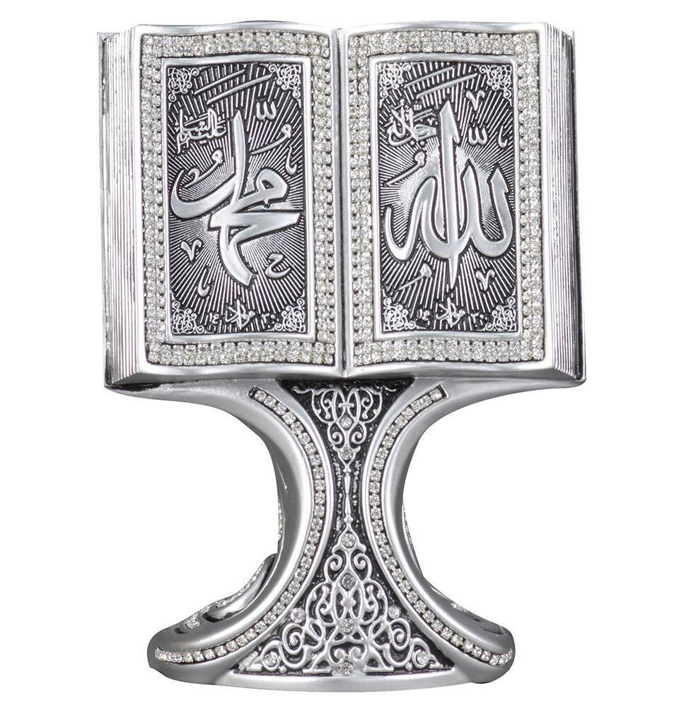Islamic Home Table Decor | Quran Open Book with Allah & Muhammad | Silver 182-3G