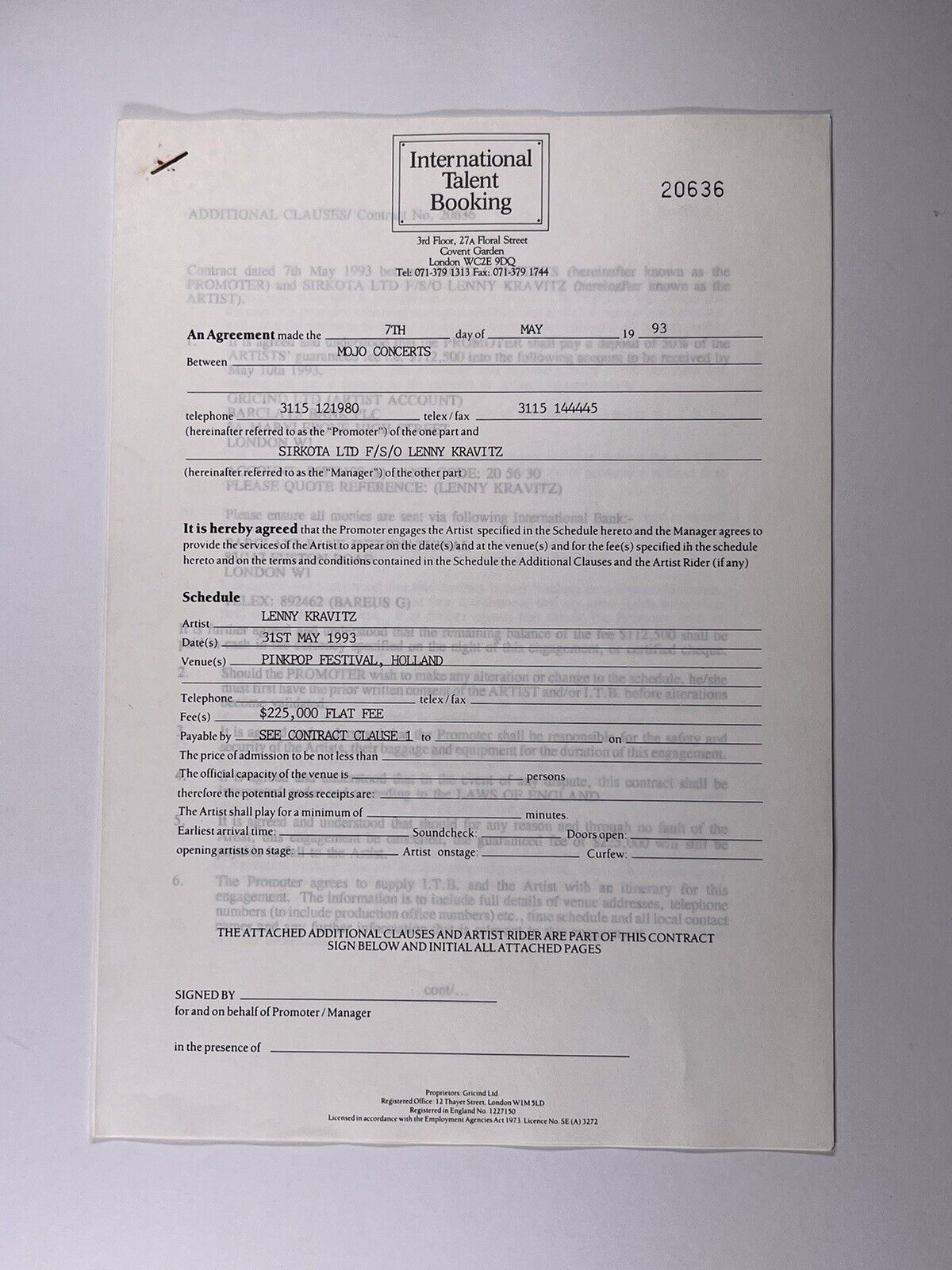 Lenny Kravitz Contract Original Official Office Copy Mojo Concerts May 1993