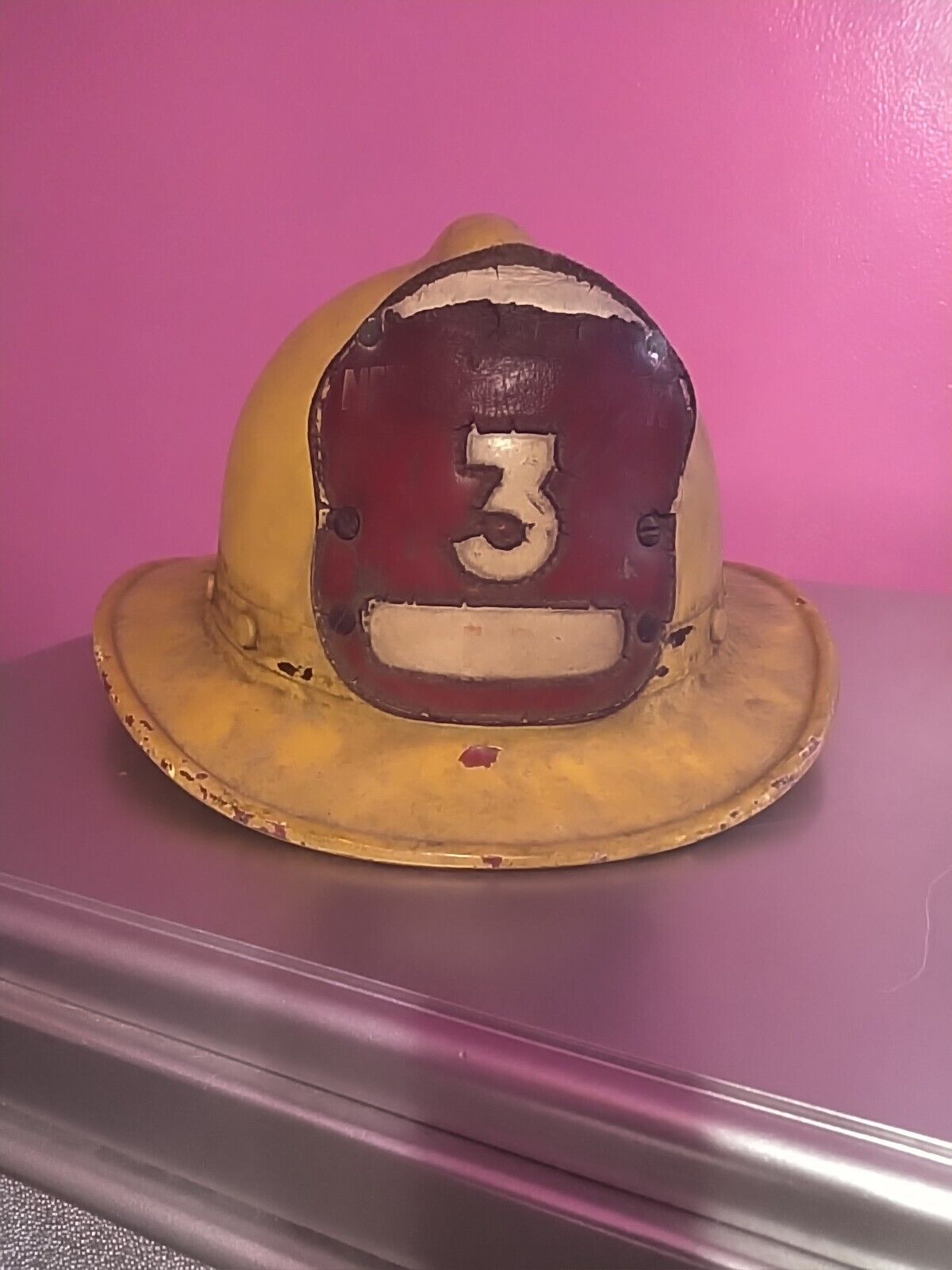 Vintage Fiberglass Fireman's Helmet With Leather Badge