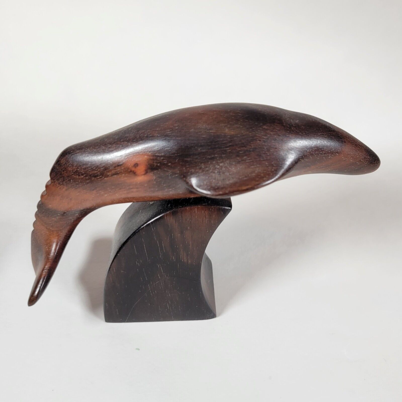 Vintage Solid Ironwood Whale /Dolphin / Porpoise on a Wooden Wave, Sculpture MCM