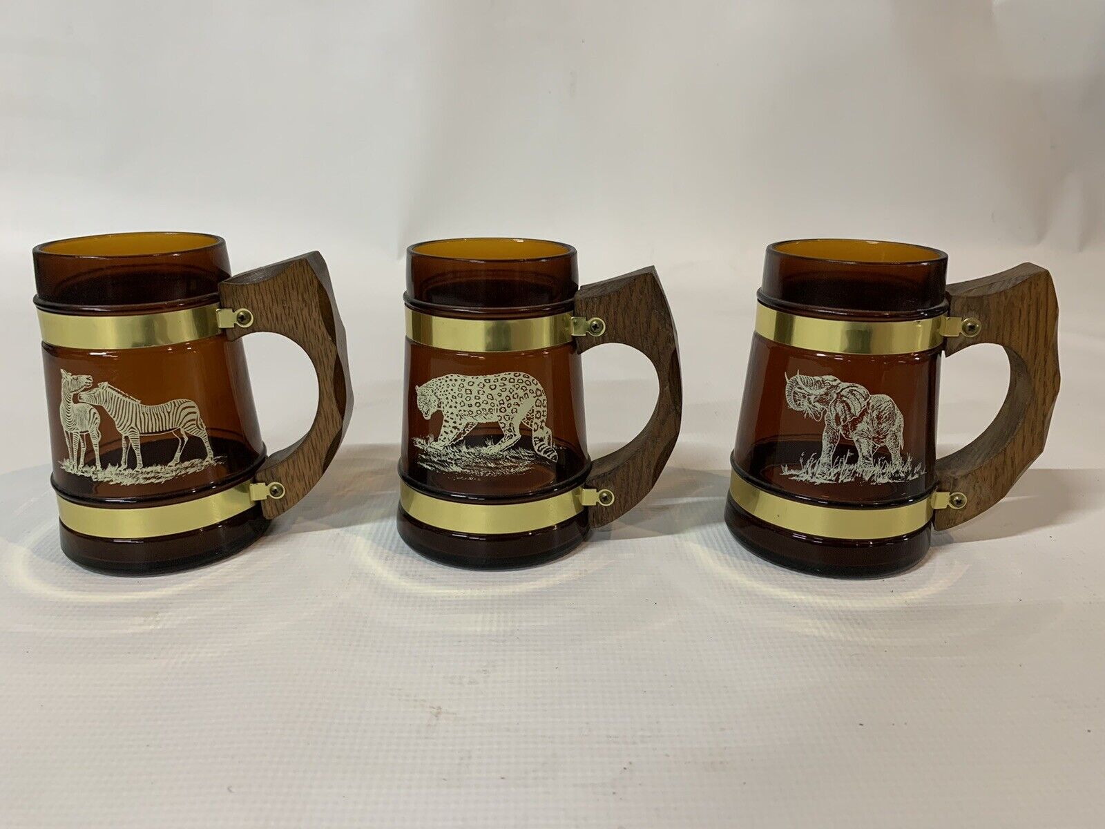 Set of 3 Vintage Siesta Ware Amber Glass African Safari Wooden Handle Mug Stein