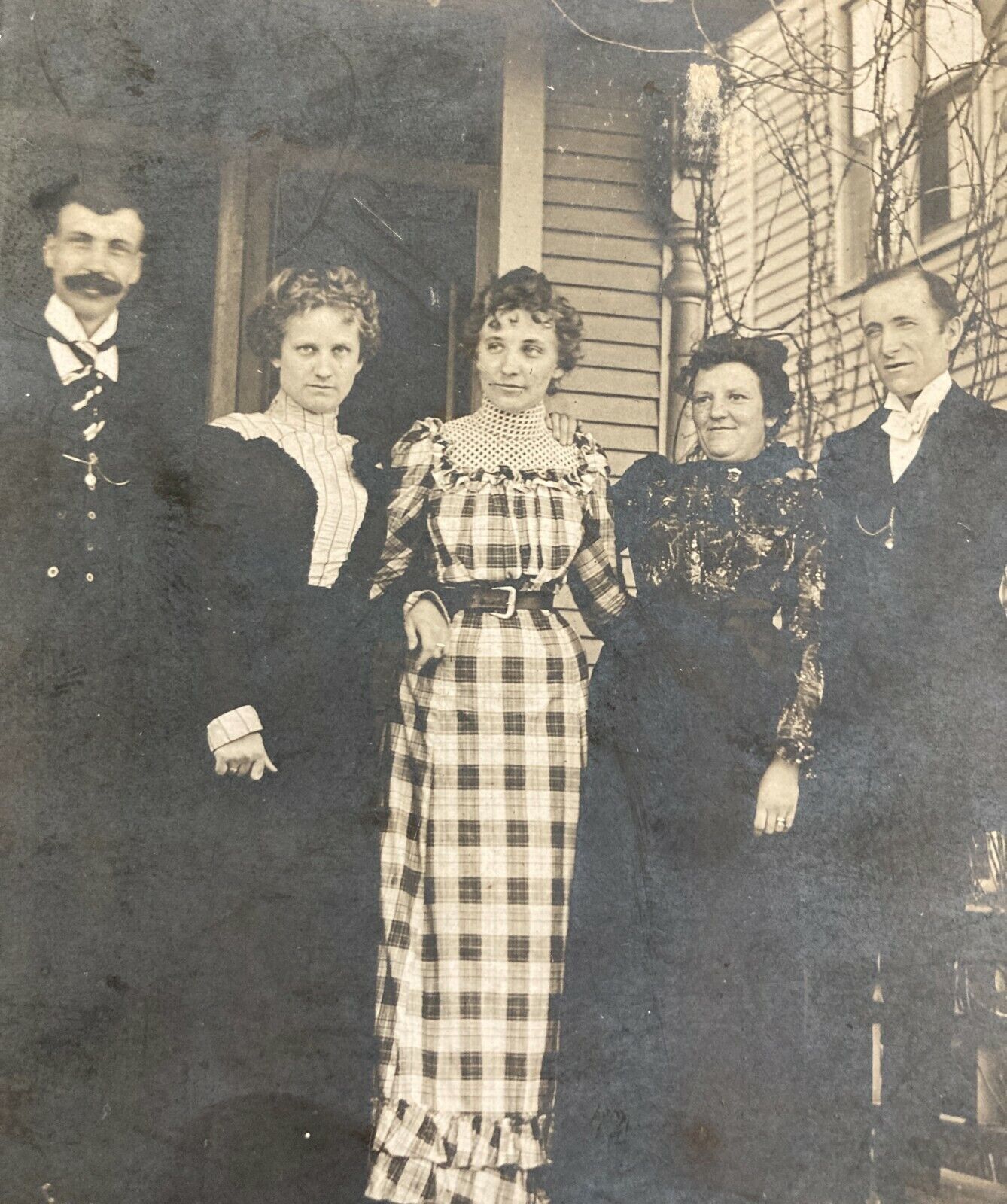 Antique RPPC Postcard Edwardian Women Men Family Standing on Porch Real Photo