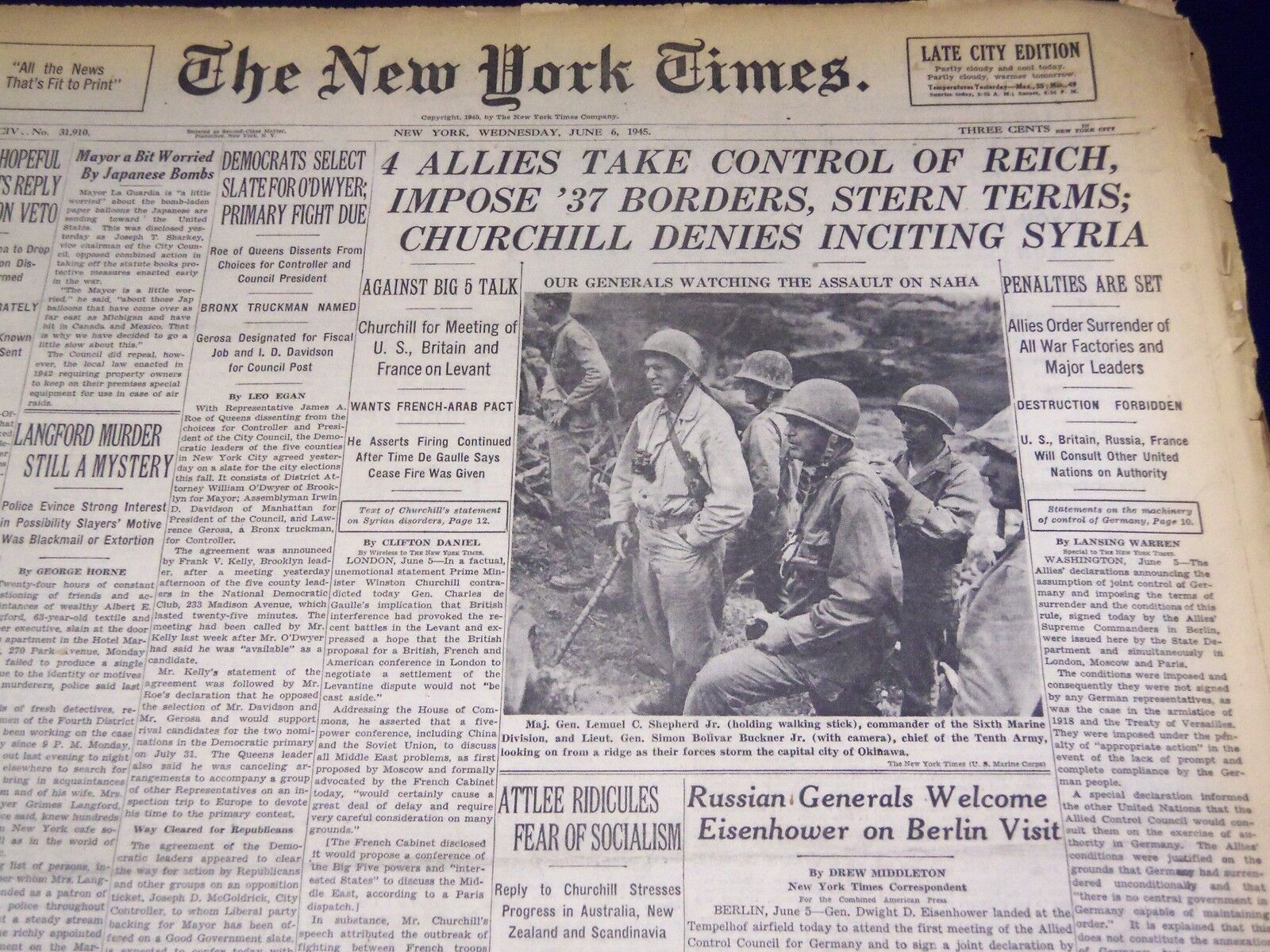 1945 JUNE 6 NEW YORK TIMES - 4 ALLIES TAKE CONTROL OF REICH - NT 638