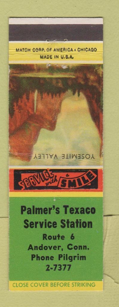 Matchbook Cover - Palmer\'s Texaco oil gas Andover CT