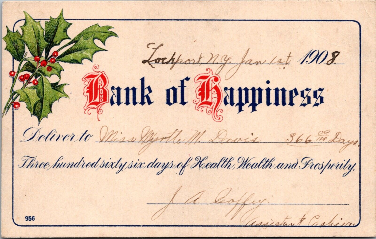 1908 Christmas Postcard Bank Of Happiness