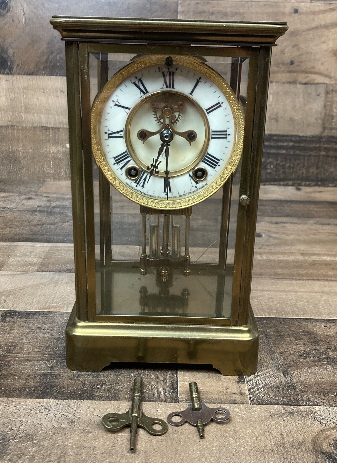 Ansonia Regulator Mantel Clock Pendulum Brass Glass w/ Keys