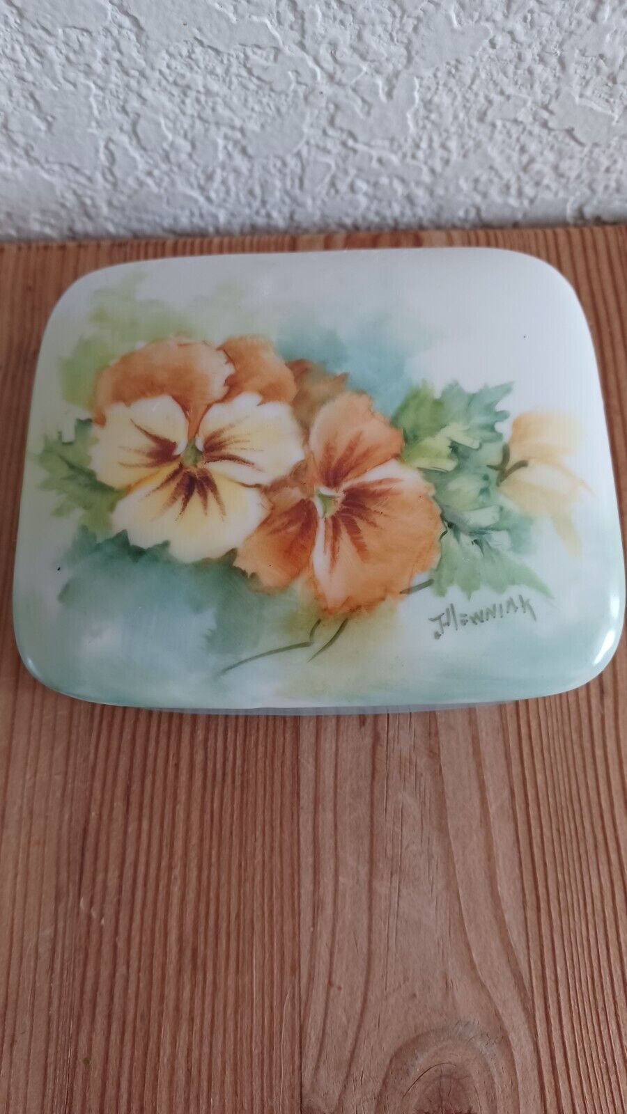 Vintage Hand Painted Porcelain Trinket Box Floral Signed Cottage Core