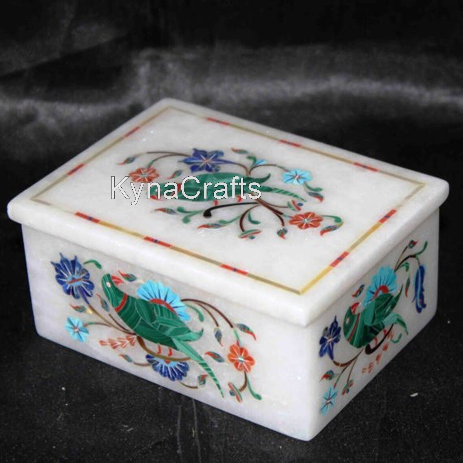 4 x 3 Inches White Marble Jewelry Box Parrot Pattern Inlay Work Stationary Box