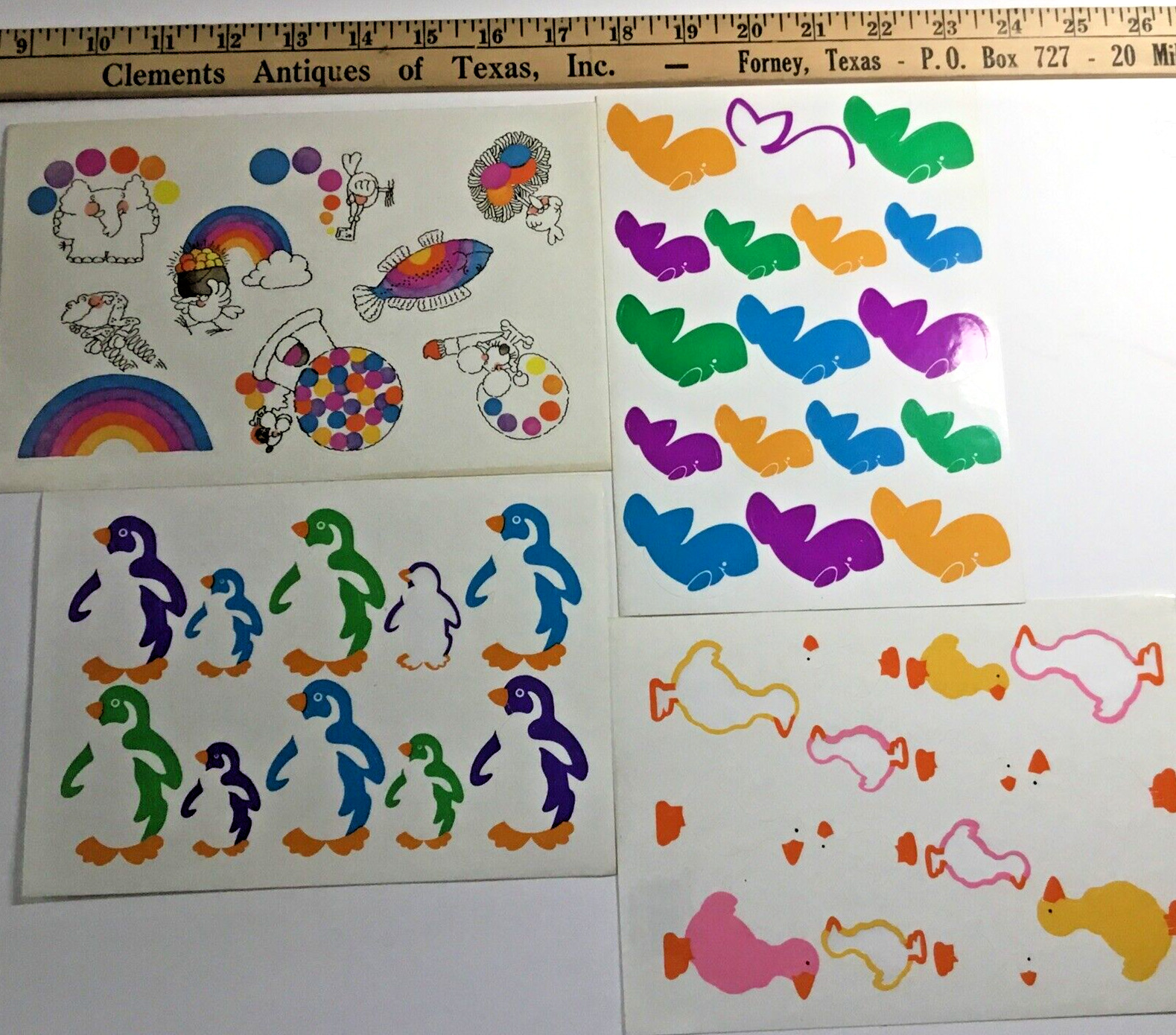 Vintage 1980\'s Sticker Sheets Rainbows, whales, pinball machines, balloons, duck
