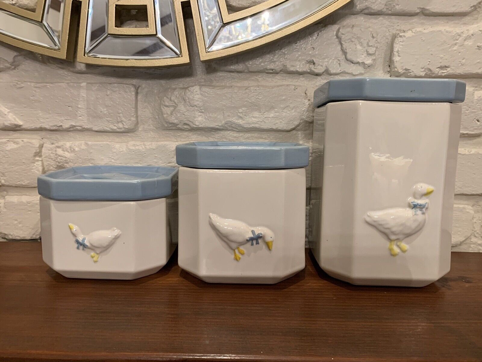 Vintage White Ceramic Blue Ribbon Goose Duck 3 Canister Set With Lids Stackable