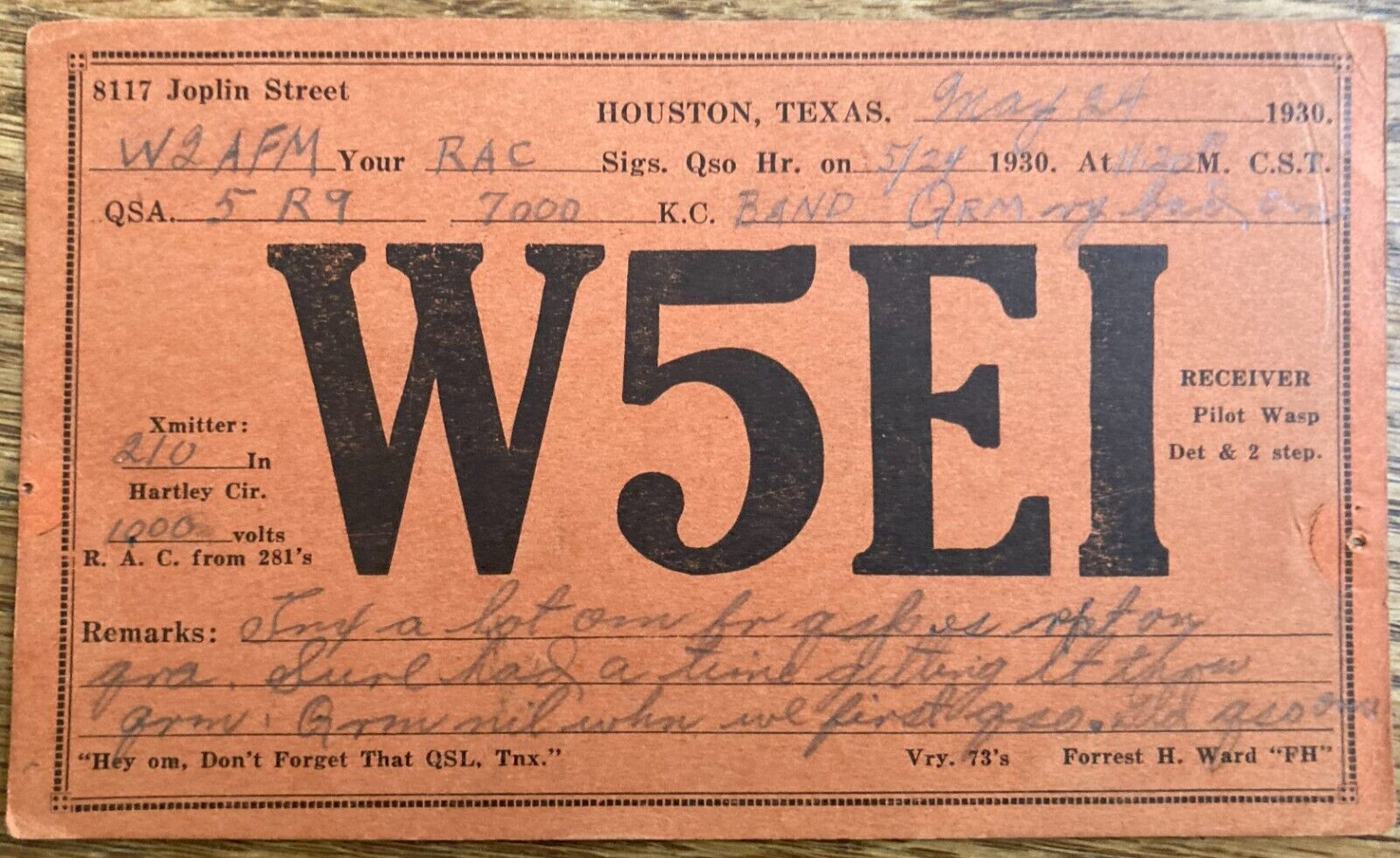1930 - QSL Card - Houston Texas USA - Forest Ward - W5EI - Stamp  Postcard