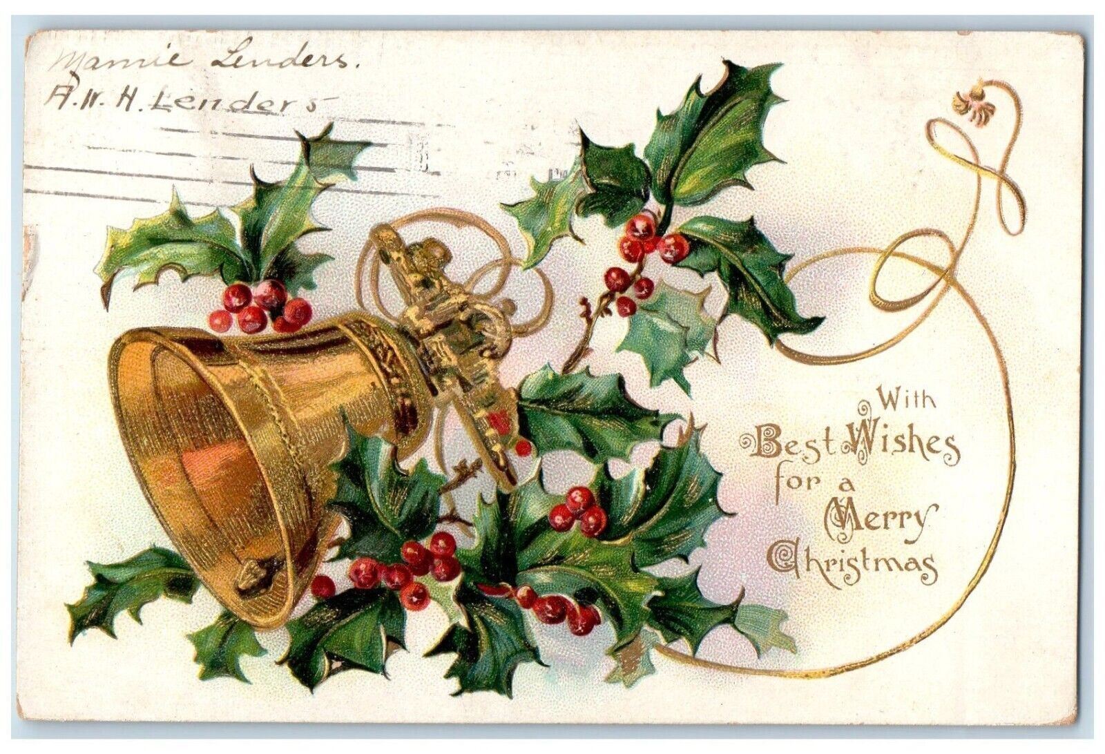 1906 Christmas Holly Ringing Gold Bell Embossed Tuck\'s Posted Antique Postcard