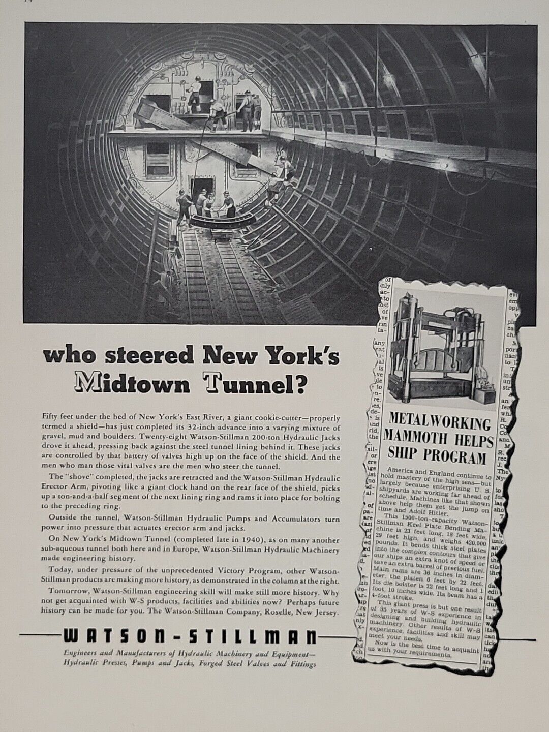 1942 Watson-Stillman Fortune WW2 Print Ad Q2 Manhattan Mid-Town Tunnel Workers