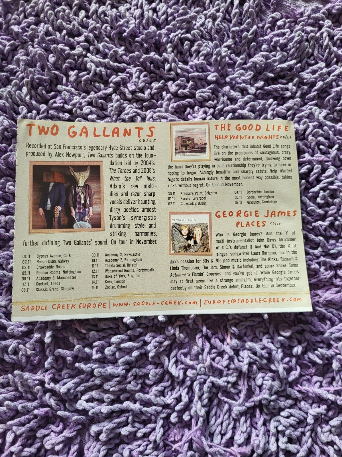 TPGM28 ADVERT 5X8 SADDLE CREEK EUROPE - TWO GALLANTS. GEORGE JAMES PLACES