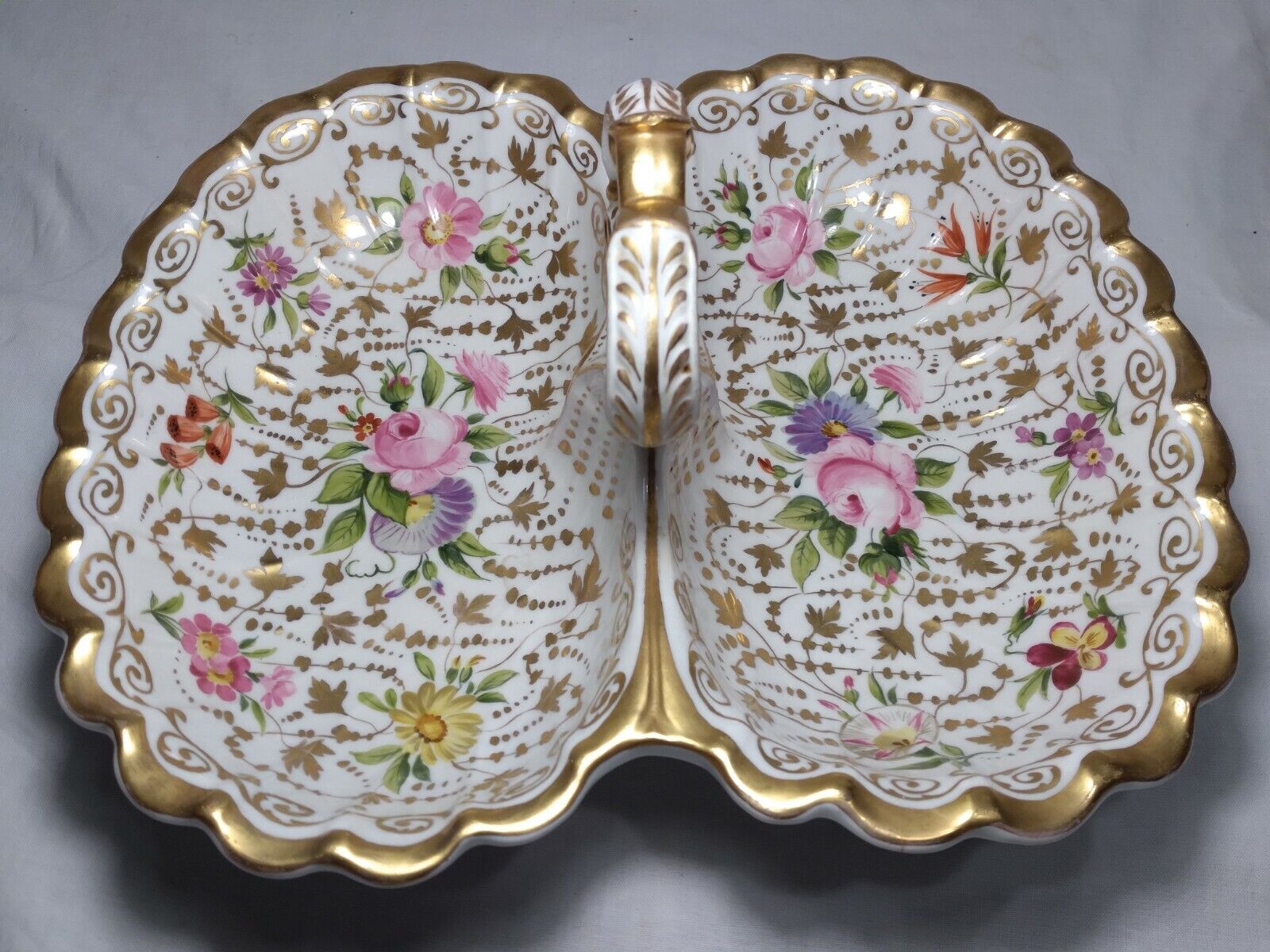 Porcelain Tray with Handle SPM Germany Floral 10k Gold Circa 1865-1910 Stunning