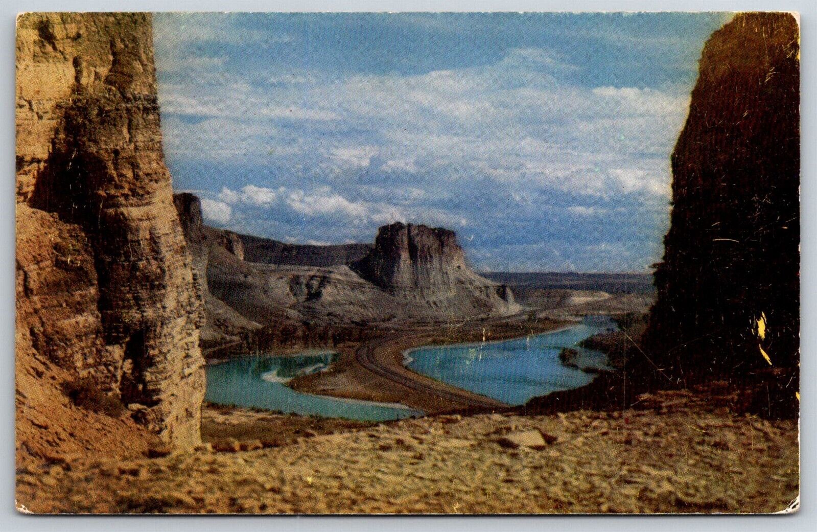 Postcard Western Cliffs Colorful Highway And Broad Winding River Tower Vintage