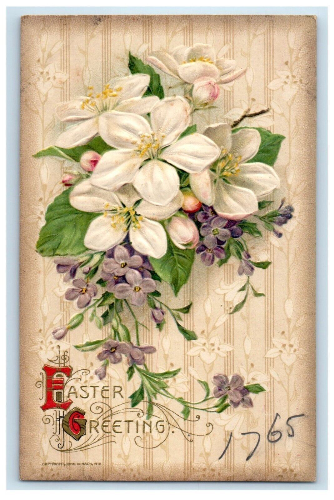 c1910\'s Easter Greetings Flowers Embossed Winsch Back Unposted Antique Postcard