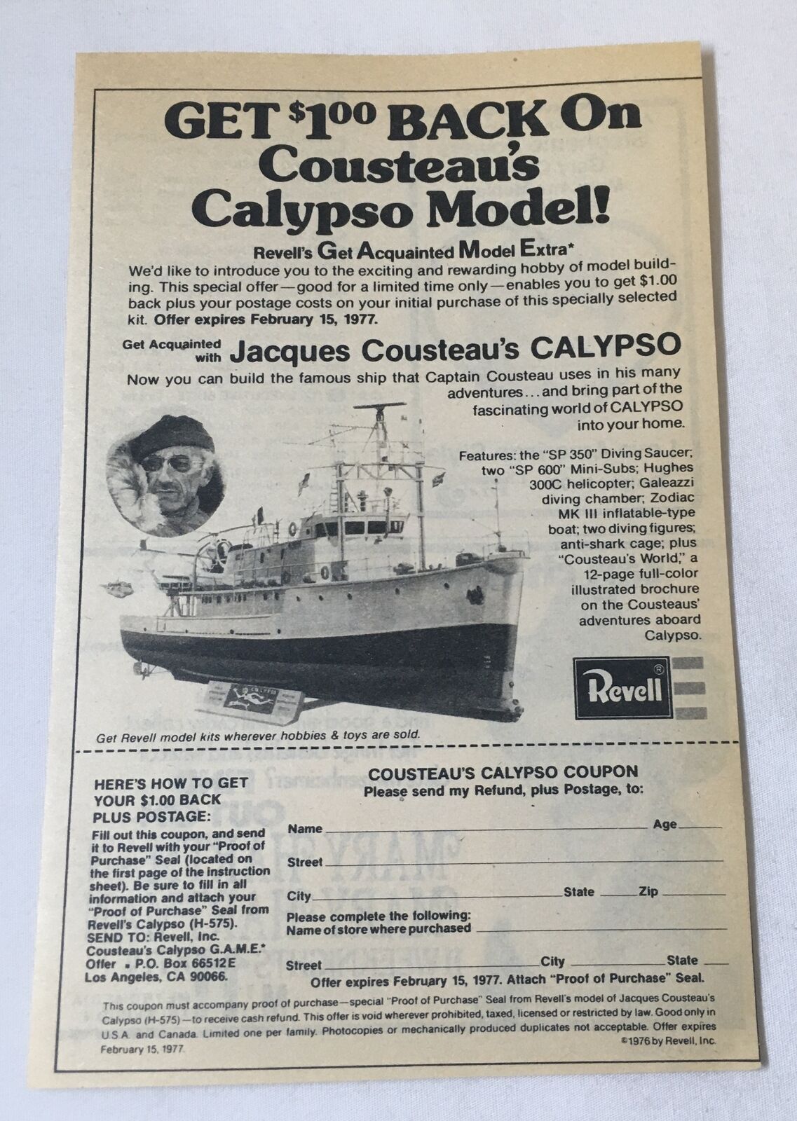 1976 Revell model ad ~ JACQUES COUSTEAU\'S CALYPSO