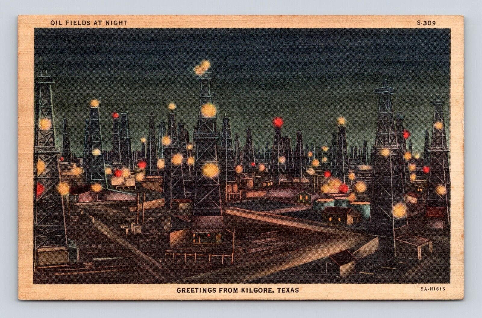 Postcard Greetings from Kilgore TX Oil Fields at Night Well Oil & Gas c1940